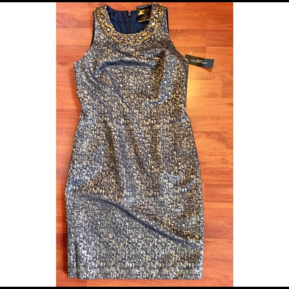 NWT Carmen Marc Gold Indigo Blue Metallic Dress